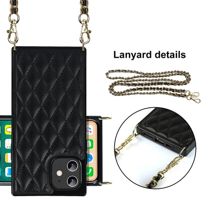 For iPhone 12 mini Elegant Rhombic Pattern Microfiber Leather +TPU Shockproof Case with Crossbody Strap Chain (Black) - iPhone 12 mini Cases by buy2fix | Online Shopping UK | buy2fix