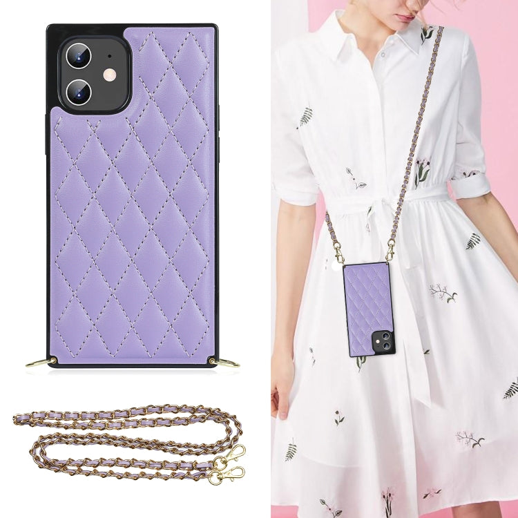 For iPhone 12 mini Elegant Rhombic Pattern Microfiber Leather +TPU Shockproof Case with Crossbody Strap Chain (Purple) - iPhone 12 mini Cases by buy2fix | Online Shopping UK | buy2fix