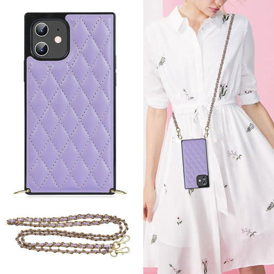 For iPhone 12 mini Elegant Rhombic Pattern Microfiber Leather +TPU Shockproof Case with Crossbody Strap Chain (Purple) - iPhone 12 mini Cases by buy2fix | Online Shopping UK | buy2fix