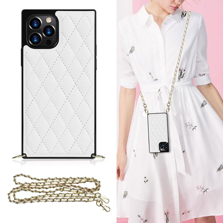 For iPhone 12 / 12 Pro Elegant Rhombic Pattern Microfiber Leather +TPU Shockproof Case with Crossbody Strap Chain(White) - iPhone 12 / 12 Pro Cases by buy2fix | Online Shopping UK | buy2fix