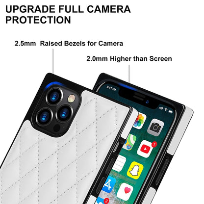 For iPhone 12 / 12 Pro Elegant Rhombic Pattern Microfiber Leather +TPU Shockproof Case with Crossbody Strap Chain(White) - iPhone 12 / 12 Pro Cases by buy2fix | Online Shopping UK | buy2fix