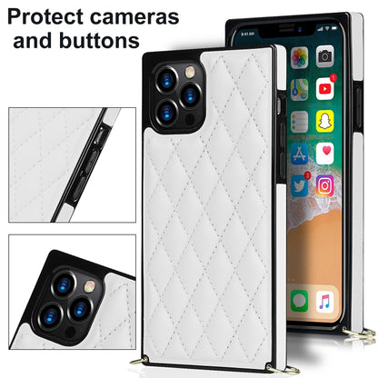 For iPhone 12 / 12 Pro Elegant Rhombic Pattern Microfiber Leather +TPU Shockproof Case with Crossbody Strap Chain(White) - iPhone 12 / 12 Pro Cases by buy2fix | Online Shopping UK | buy2fix