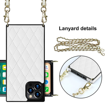 For iPhone 12 / 12 Pro Elegant Rhombic Pattern Microfiber Leather +TPU Shockproof Case with Crossbody Strap Chain(White) - iPhone 12 / 12 Pro Cases by buy2fix | Online Shopping UK | buy2fix
