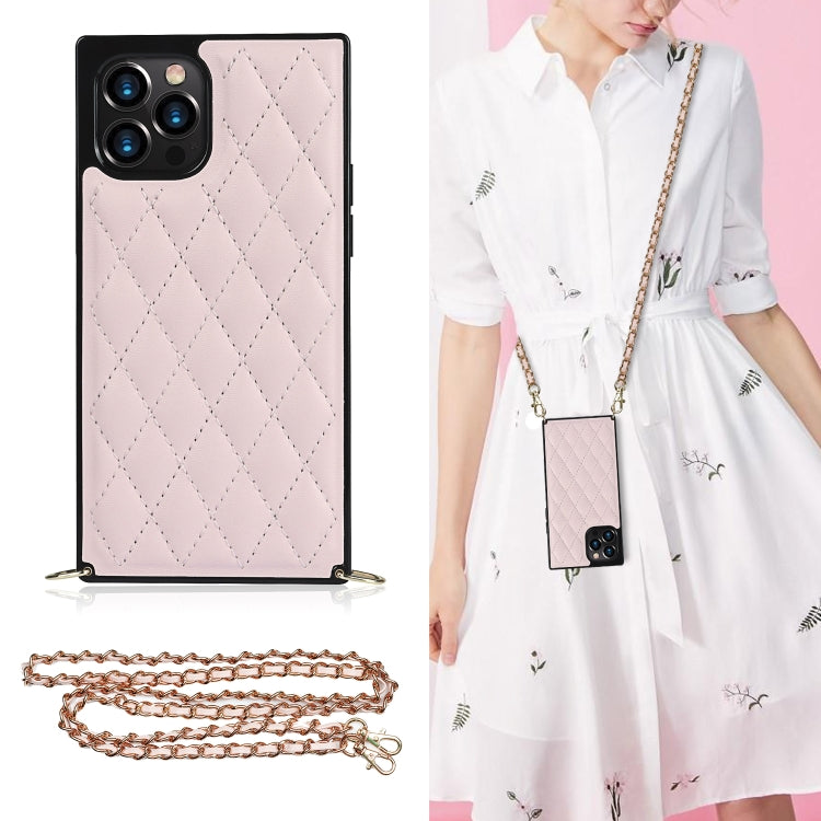 For iPhone 12 / 12 Pro Elegant Rhombic Pattern Microfiber Leather +TPU Shockproof Case with Crossbody Strap Chain(Pink) - iPhone 12 / 12 Pro Cases by buy2fix | Online Shopping UK | buy2fix