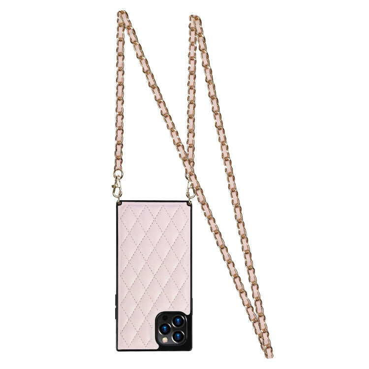 For iPhone 12 / 12 Pro Elegant Rhombic Pattern Microfiber Leather +TPU Shockproof Case with Crossbody Strap Chain(Pink) - iPhone 12 / 12 Pro Cases by buy2fix | Online Shopping UK | buy2fix