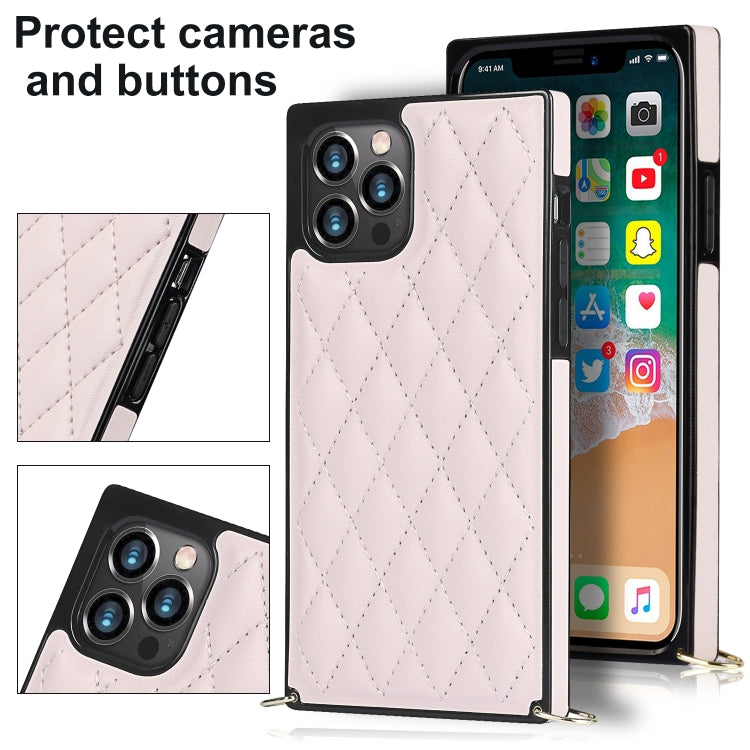 For iPhone 12 / 12 Pro Elegant Rhombic Pattern Microfiber Leather +TPU Shockproof Case with Crossbody Strap Chain(Pink) - iPhone 12 / 12 Pro Cases by buy2fix | Online Shopping UK | buy2fix