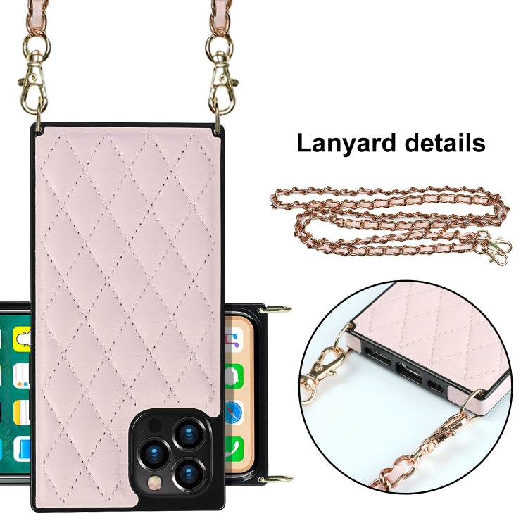 For iPhone 12 / 12 Pro Elegant Rhombic Pattern Microfiber Leather +TPU Shockproof Case with Crossbody Strap Chain(Pink) - iPhone 12 / 12 Pro Cases by buy2fix | Online Shopping UK | buy2fix