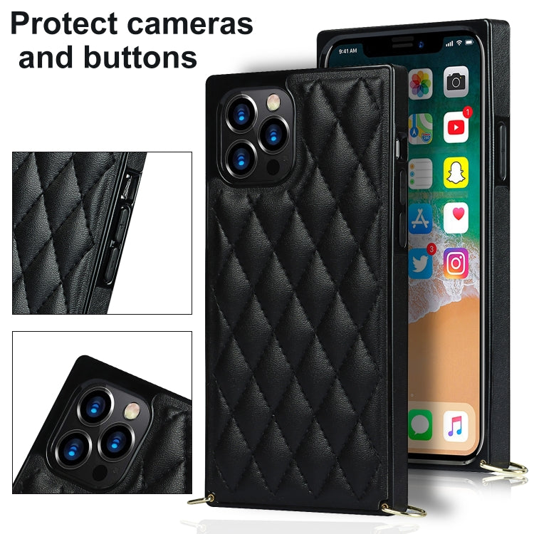For iPhone 12 / 12 Pro Elegant Rhombic Pattern Microfiber Leather +TPU Shockproof Case with Crossbody Strap Chain(Black) - iPhone 12 / 12 Pro Cases by buy2fix | Online Shopping UK | buy2fix