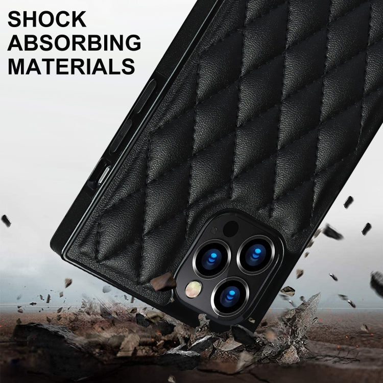 For iPhone 12 / 12 Pro Elegant Rhombic Pattern Microfiber Leather +TPU Shockproof Case with Crossbody Strap Chain(Black) - iPhone 12 / 12 Pro Cases by buy2fix | Online Shopping UK | buy2fix