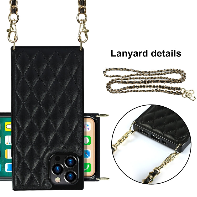 For iPhone 12 / 12 Pro Elegant Rhombic Pattern Microfiber Leather +TPU Shockproof Case with Crossbody Strap Chain(Black) - iPhone 12 / 12 Pro Cases by buy2fix | Online Shopping UK | buy2fix
