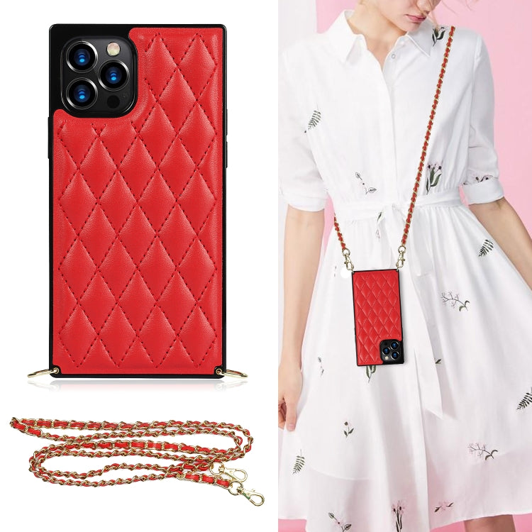 For iPhone 12 / 12 Pro Elegant Rhombic Pattern Microfiber Leather +TPU Shockproof Case with Crossbody Strap Chain(Red) - iPhone 12 / 12 Pro Cases by buy2fix | Online Shopping UK | buy2fix