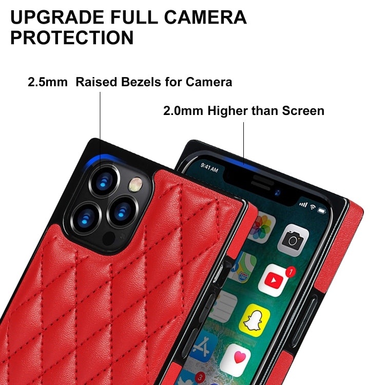 For iPhone 12 / 12 Pro Elegant Rhombic Pattern Microfiber Leather +TPU Shockproof Case with Crossbody Strap Chain(Red) - iPhone 12 / 12 Pro Cases by buy2fix | Online Shopping UK | buy2fix