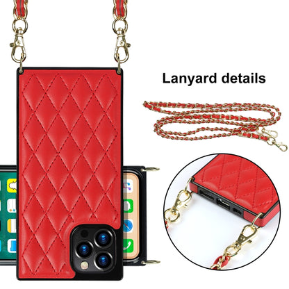 For iPhone 12 / 12 Pro Elegant Rhombic Pattern Microfiber Leather +TPU Shockproof Case with Crossbody Strap Chain(Red) - iPhone 12 / 12 Pro Cases by buy2fix | Online Shopping UK | buy2fix