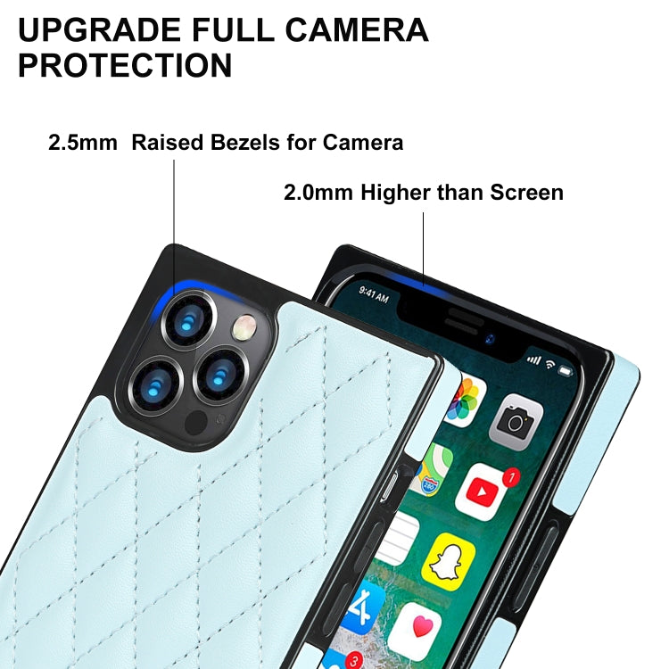 For iPhone 12 / 12 Pro Elegant Rhombic Pattern Microfiber Leather +TPU Shockproof Case with Crossbody Strap Chain(Blue) - iPhone 12 / 12 Pro Cases by buy2fix | Online Shopping UK | buy2fix