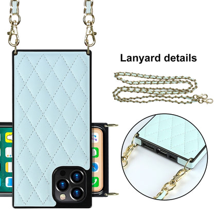 For iPhone 12 / 12 Pro Elegant Rhombic Pattern Microfiber Leather +TPU Shockproof Case with Crossbody Strap Chain(Blue) - iPhone 12 / 12 Pro Cases by buy2fix | Online Shopping UK | buy2fix