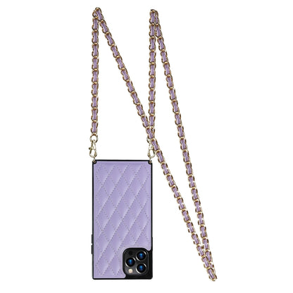 For iPhone 12 / 12 Pro Elegant Rhombic Pattern Microfiber Leather +TPU Shockproof Case with Crossbody Strap Chain(Purple) - iPhone 12 / 12 Pro Cases by buy2fix | Online Shopping UK | buy2fix