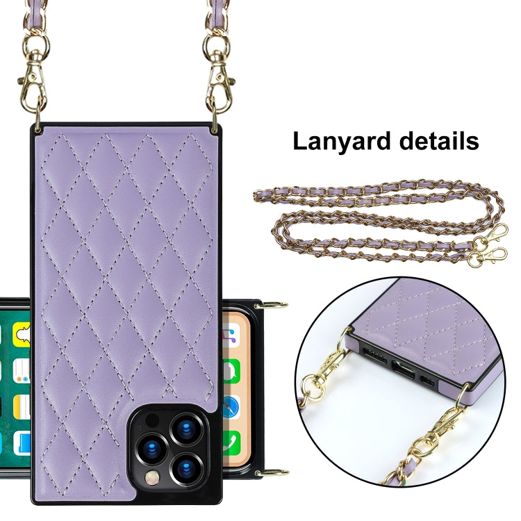 For iPhone 12 / 12 Pro Elegant Rhombic Pattern Microfiber Leather +TPU Shockproof Case with Crossbody Strap Chain(Purple) - iPhone 12 / 12 Pro Cases by buy2fix | Online Shopping UK | buy2fix