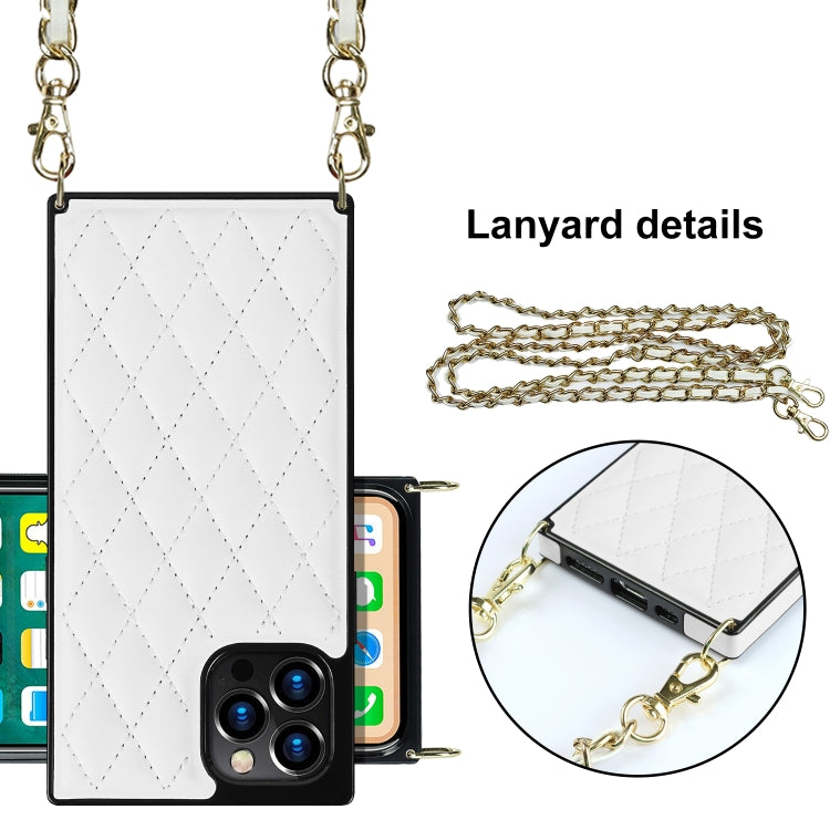 For iPhone 12 Pro Max Elegant Rhombic Pattern Microfiber Leather +TPU Shockproof Case with Crossbody Strap Chain(White) - iPhone 12 Pro Max Cases by buy2fix | Online Shopping UK | buy2fix