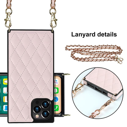 For iPhone 12 Pro Max Elegant Rhombic Pattern Microfiber Leather +TPU Shockproof Case with Crossbody Strap Chain(Pink) - iPhone 12 Pro Max Cases by buy2fix | Online Shopping UK | buy2fix