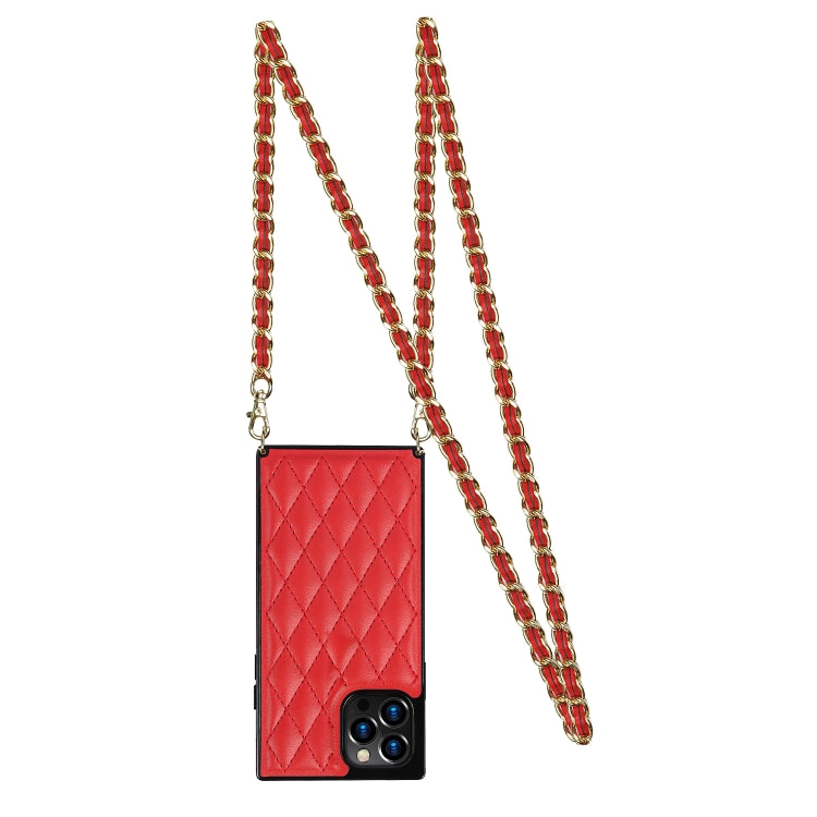 For iPhone 12 Pro Max Elegant Rhombic Pattern Microfiber Leather +TPU Shockproof Case with Crossbody Strap Chain(Red) - iPhone 12 Pro Max Cases by buy2fix | Online Shopping UK | buy2fix