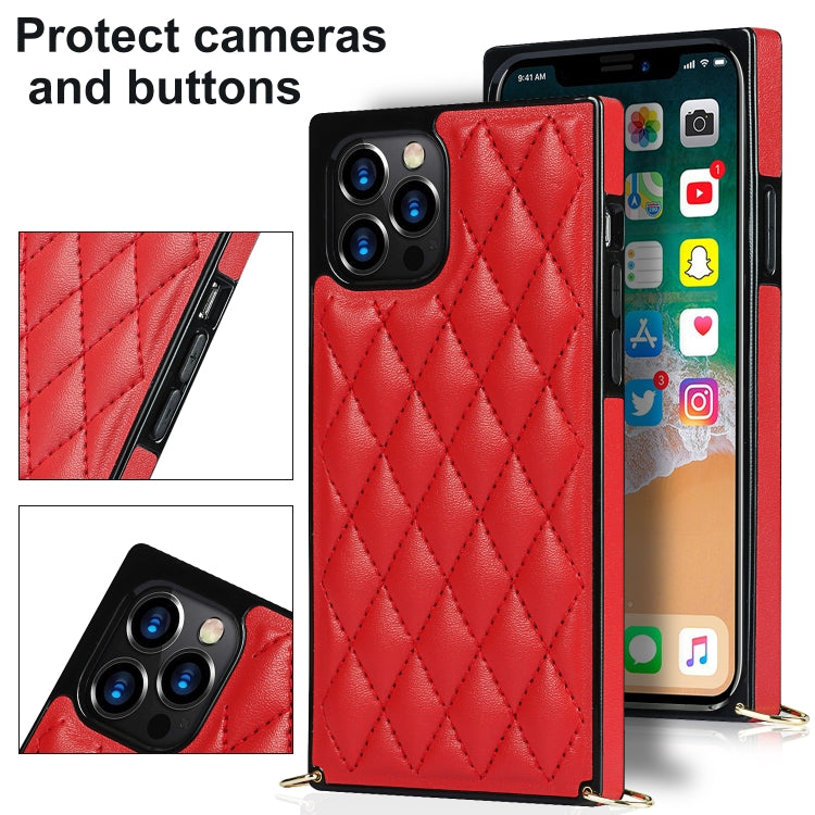 For iPhone 12 Pro Max Elegant Rhombic Pattern Microfiber Leather +TPU Shockproof Case with Crossbody Strap Chain(Red) - iPhone 12 Pro Max Cases by buy2fix | Online Shopping UK | buy2fix