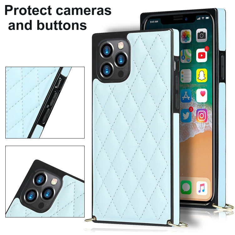 For iPhone 12 Pro Max Elegant Rhombic Pattern Microfiber Leather +TPU Shockproof Case with Crossbody Strap Chain(Blue) - iPhone 12 Pro Max Cases by buy2fix | Online Shopping UK | buy2fix