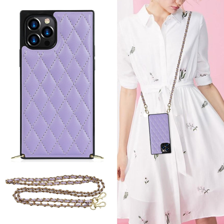 For iPhone 12 Pro Max Elegant Rhombic Pattern Microfiber Leather +TPU Shockproof Case with Crossbody Strap Chain(Purple) - iPhone 12 Pro Max Cases by buy2fix | Online Shopping UK | buy2fix
