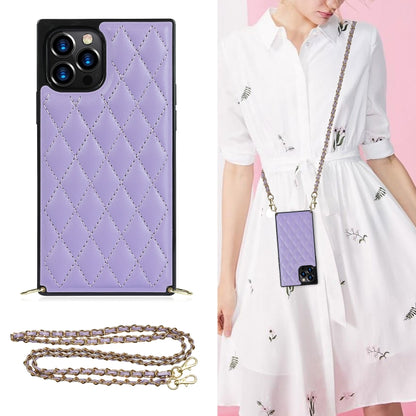For iPhone 12 Pro Max Elegant Rhombic Pattern Microfiber Leather +TPU Shockproof Case with Crossbody Strap Chain(Purple) - iPhone 12 Pro Max Cases by buy2fix | Online Shopping UK | buy2fix