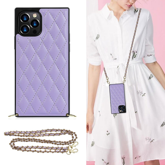 For iPhone 12 Pro Max Elegant Rhombic Pattern Microfiber Leather +TPU Shockproof Case with Crossbody Strap Chain(Purple) - iPhone 12 Pro Max Cases by buy2fix | Online Shopping UK | buy2fix