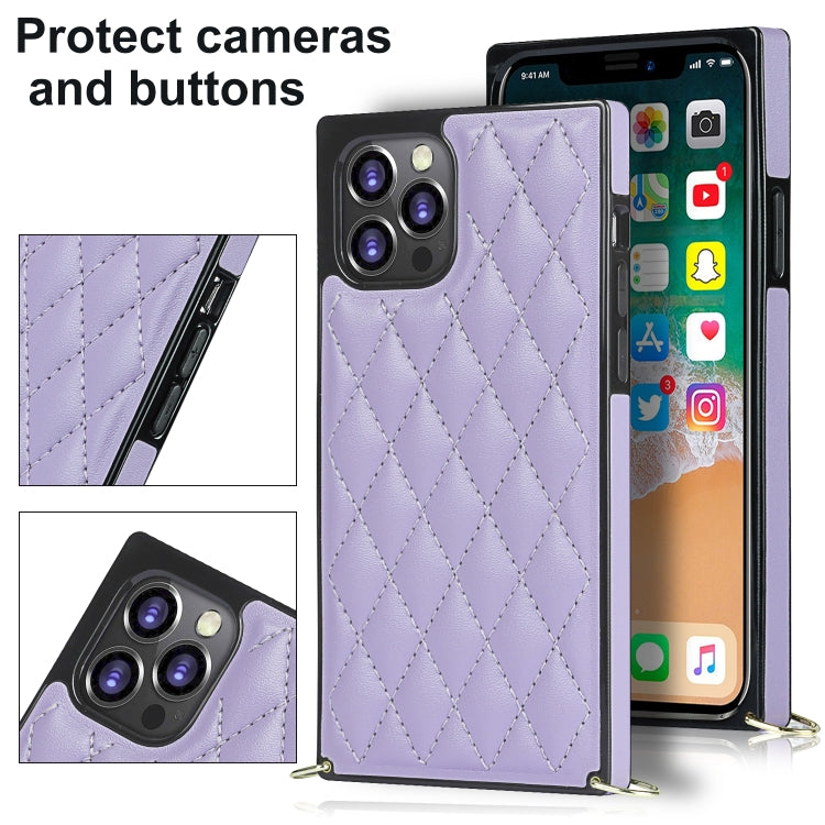 For iPhone 12 Pro Max Elegant Rhombic Pattern Microfiber Leather +TPU Shockproof Case with Crossbody Strap Chain(Purple) - iPhone 12 Pro Max Cases by buy2fix | Online Shopping UK | buy2fix