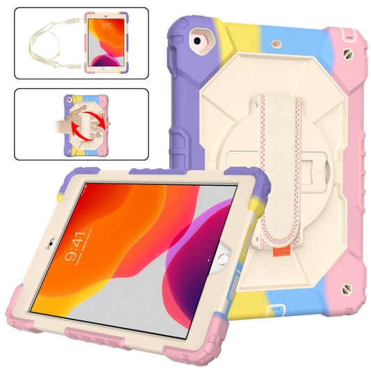 For iPad 10.2 2021 / 2020 / 2019 Contrast Color Robot Shockproof Silicon + PC Protective Case with Holder & Shoulder Strap(Colorful Purple Beige) - iPad 10.2 Cases by buy2fix | Online Shopping UK | buy2fix
