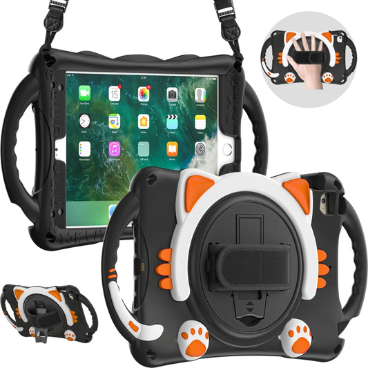 Cute Cat King Kids Shockproof Silicone Tablet Case with Holder & Shoulder Strap & Handle For iPad mini 5 / 4 / 3 / 2 /1(Black Orange) - iPad mini (2019) / mini 5 Cases by buy2fix | Online Shopping UK | buy2fix