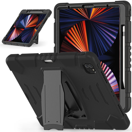 For iPad Pro 12.9 2022 / 2021 3-Layer Protection  Screen Frame + PC + Silicone Shockproof Combination Tablet Case with Holder(Black+Black)
