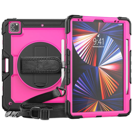 For iPad Pro 12.9 2022 / 2021 / 2020 / 2018 Shockproof Colorful Silicone + PC Protective Tablet Case with Holder & Shoulder Strap & Hand Strap & Pen Slot(Rose PC+Black)