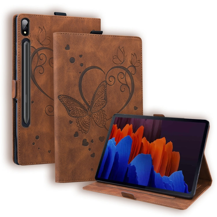 For Samsung Galaxy Tab S8 / Galaxy Tab S7 T870 SM-T875 SM-T876B Love Butterfly Pattern Horizontal Flip Leather Case with Holder(Brown) by buy2fix