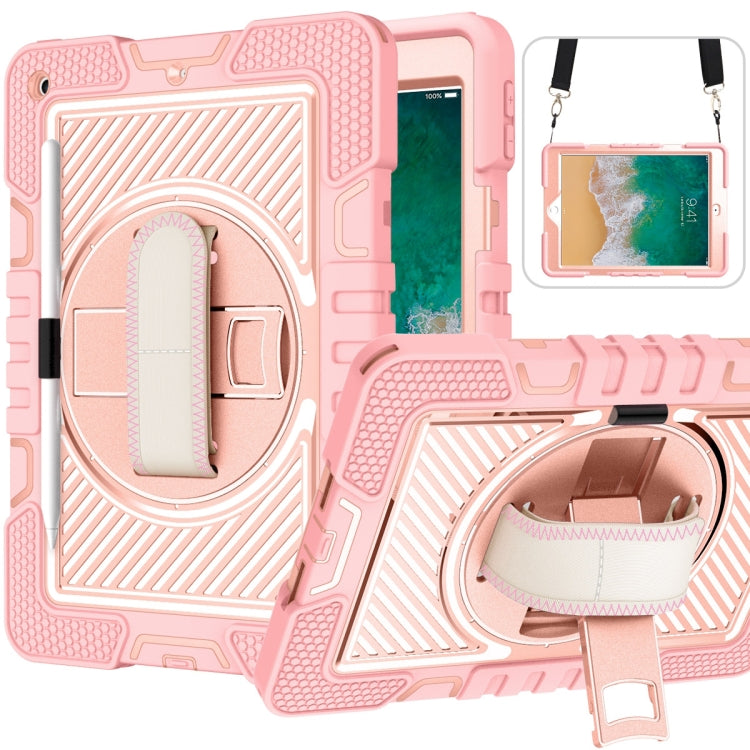 For iPad 9.7 2018 / 2017 360 Degree Rotation Contrast Color Shockproof Silicone + PC Case with Holder & Hand Grip Strap & Shoulder Strap(Rose Gold) - iPad 9.7 (2018) & (2017) Cases by buy2fix | Online Shopping UK | buy2fix