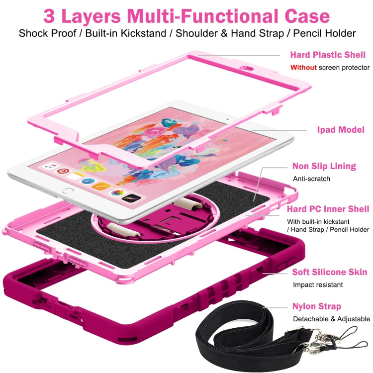 360 Degree Rotation Contrast Color Shockproof Silicone + PC Case with Holder & Hand Grip Strap & Shoulder Strap For iPad 9.7 2018 / 2017 / Air / Air 2 / Pro 9.7 (Rose Red+Pink) - iPad 9.7 (2018) & (2017) Cases by buy2fix | Online Shopping UK | buy2fix