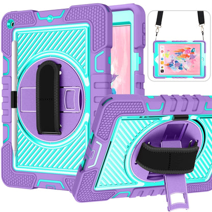 For iPad 10.2 2021 / 2020 / 2019 360 Degree Rotation Contrast Color Shockproof Silicone + PC Case with Holder & Hand Grip Strap & Shoulder Strap (Purple + Mint Green) - iPad 10.2 Cases by buy2fix | Online Shopping UK | buy2fix