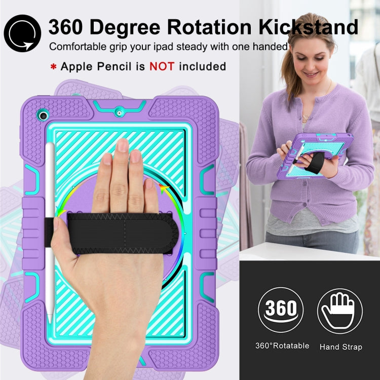 For iPad 10.2 2021 / 2020 / 2019 360 Degree Rotation Contrast Color Shockproof Silicone + PC Case with Holder & Hand Grip Strap & Shoulder Strap (Purple + Mint Green) - iPad 10.2 Cases by buy2fix | Online Shopping UK | buy2fix