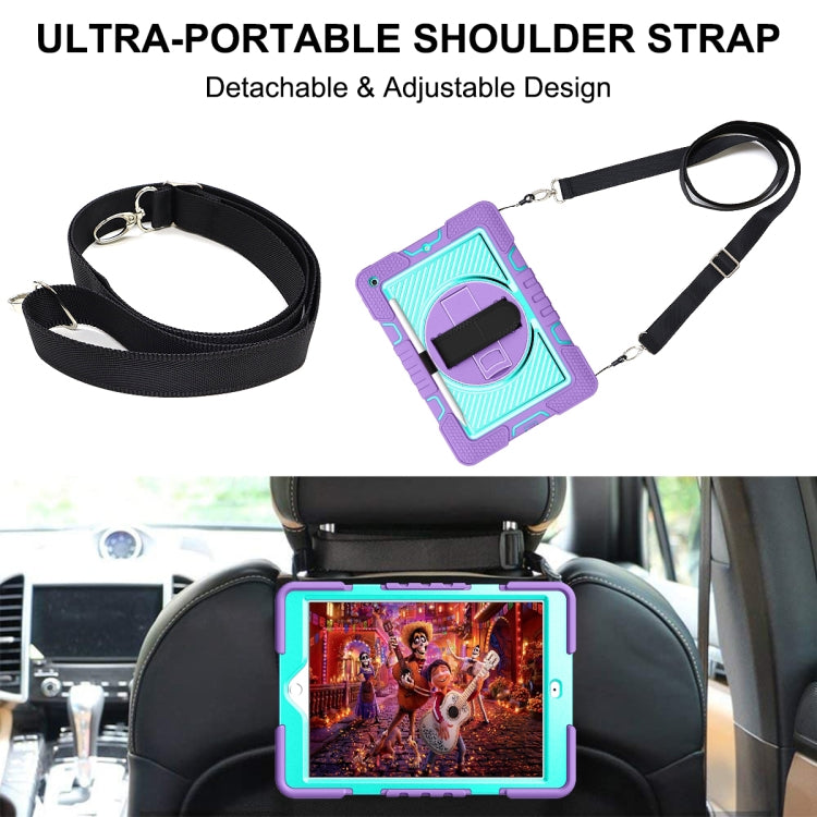 For iPad 10.2 2021 / 2020 / 2019 360 Degree Rotation Contrast Color Shockproof Silicone + PC Case with Holder & Hand Grip Strap & Shoulder Strap (Purple + Mint Green) - iPad 10.2 Cases by buy2fix | Online Shopping UK | buy2fix