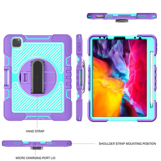 For iPad Pro 11 2022 / 2021 / 2020 / 2018 / Air 2020 10.9 360-Rotation Contrast Color Shockproof Silicone PC Tablet Case with Holder & Hand Grip Strap & Shoulder Strap (Purple + Mint Green) - iPad Pro 11 (2022/2021) Cases by buy2fix | Online Shopping UK | buy2fix
