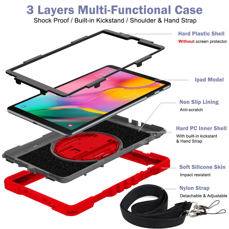 For Samsung Galaxy Tab A 10.1 2019 T515 360 Degree Rotation Contrast Color Shockproof Silicone + PC Case with Holder & Hand Grip Strap & Shoulder Strap(Red+Black) - Tab A 10.1 (2019) T510 / T515 by buy2fix | Online Shopping UK | buy2fix