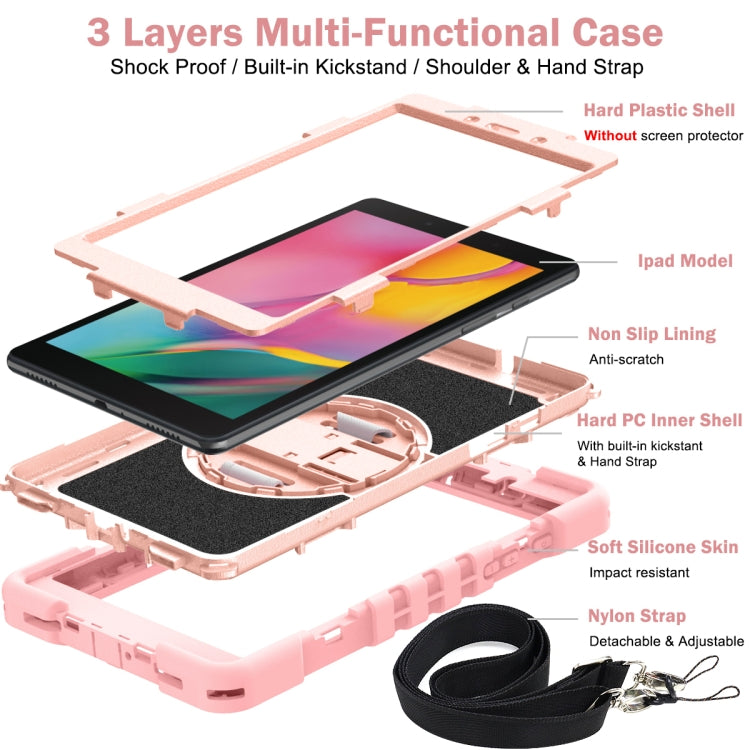 For Samsung Galaxy Tab A 8.0 2019 T290 360 Degree Rotation Contrast Color Shockproof Silicone + PC Case with Holder & Hand Grip Strap & Shoulder Strap(Rose Gold) - Other Galaxy Tab PC by buy2fix | Online Shopping UK | buy2fix