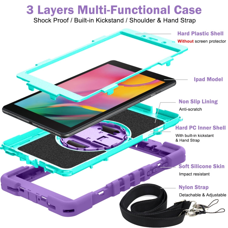 For Samsung Galaxy Tab A 8.0 2019 T290 360 Degree Rotation Contrast Color Shockproof Silicone + PC Case with Holder & Hand Grip Strap & Shoulder Strap(Purple + Mint Green) - Other Galaxy Tab PC by buy2fix | Online Shopping UK | buy2fix
