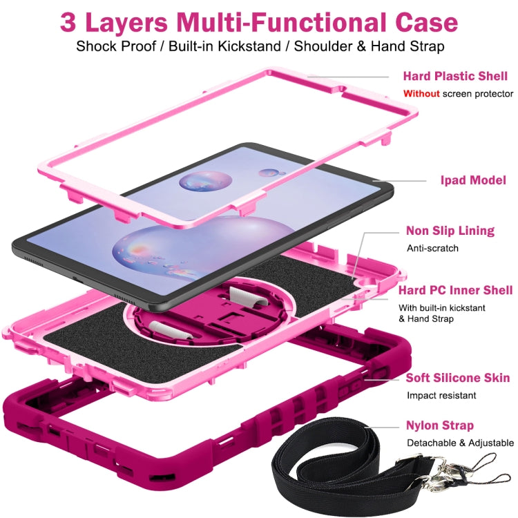 For Samsung Galaxy Tab A 8.4 2020 T307 360 Degree Rotation Contrast Color Shockproof Silicone + PC Case with Holder & Hand Grip Strap & Shoulder Strap(Rose Red+Pink) - Tab A 8.4 (2020) by buy2fix | Online Shopping UK | buy2fix