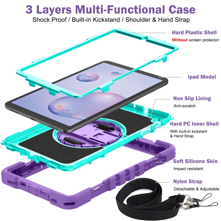 For Samsung Galaxy Tab A 8.4 2020 T307 360 Degree Rotation Contrast Color Shockproof Silicone + PC Case with Holder & Hand Grip Strap & Shoulder Strap(Purple + Mint Green) - Tab A 8.4 (2020) by buy2fix | Online Shopping UK | buy2fix