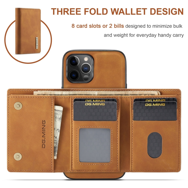 For iPhone 12 / 12 Pro DG.MING M1 Series 3-Fold Multi Card Wallet + Magnetic Back Cover Shockproof Case with Holder Function(Brown) by DG.MING