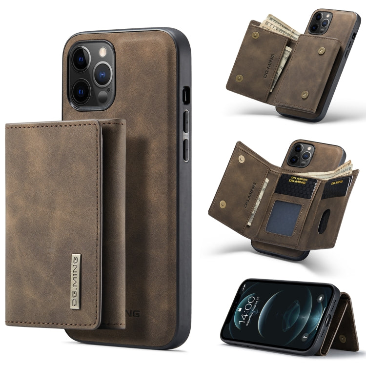 For iPhone 12 / 12 Pro DG.MING M1 Series 3-Fold Multi Card Wallet + Magnetic Back Cover Shockproof Case with Holder Function(Coffee) by DG.MING