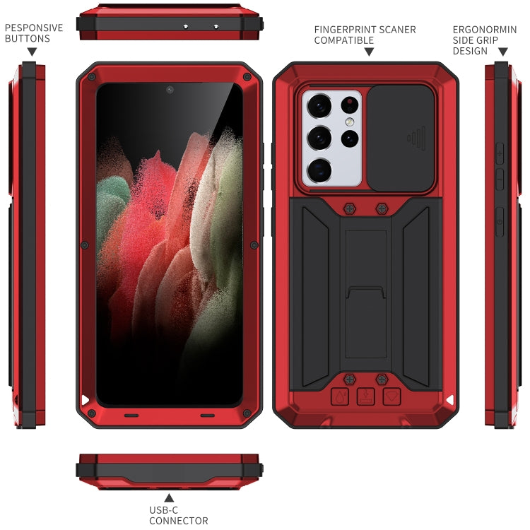 For Samsung Galaxy S21 Ultra 5G R-JUST Sliding Lens Cover Shockproof Dustproof Waterproof Metal + Silicone Case with Invisible Holder(Red) - Galaxy S21 Ultra 5G Cases by R-JUST | Online Shopping UK | buy2fix