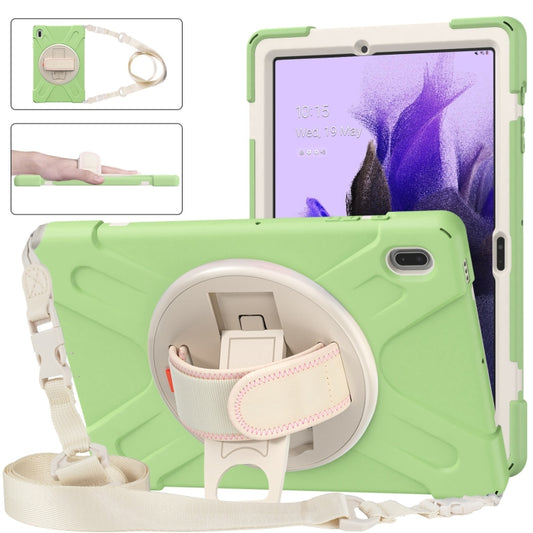 For Samsung Galaxy Tab S7 FE T730 / S7+ / S9+ /S8+ Silicone + PC Protective Case with Holder & Shoulder Strap(Matcha Green) by buy2fix